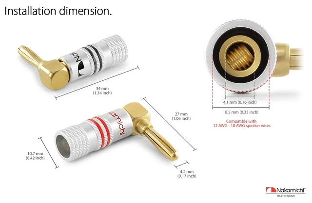 Alt view image 6 of 7 - GrubLock 24k Gold Plated Right Angle Banana Plugs, 10-18 AWG Excel Series, Gauge Size 4mm for Speakers Amplifier Hi-Fi AV Stereo Audio Wire Cable Screw Connector, 16 Pcs (8-Pairs)