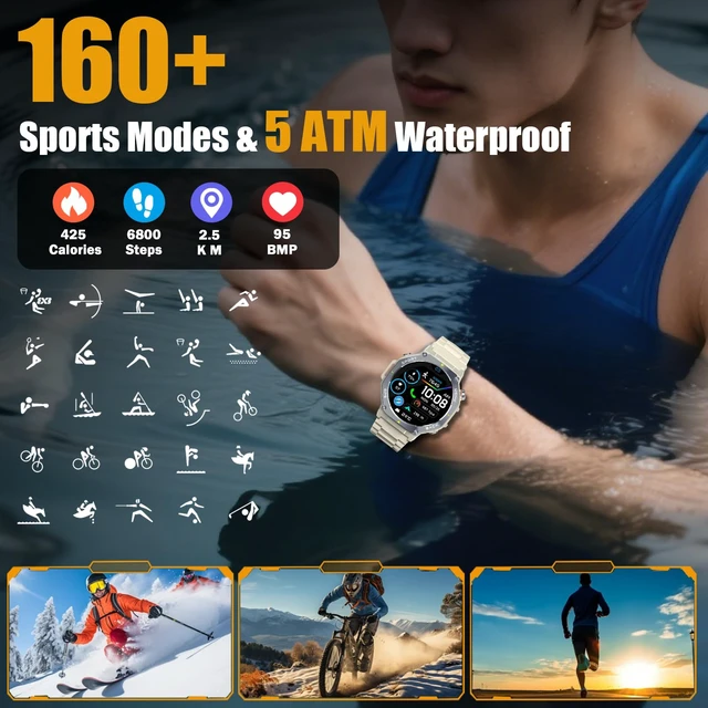 Alt view image 7 of 7 - Smart Watch for Men, 1.43" AMOLED Military Smart Watch Make Calls, Khaki GPS/Torch/Compass/Altitude/Heart Rate/Health Monitor/Blood Oxygen, 5ATM Waterproof, 160+ Sports Smartwatches for iOS Android