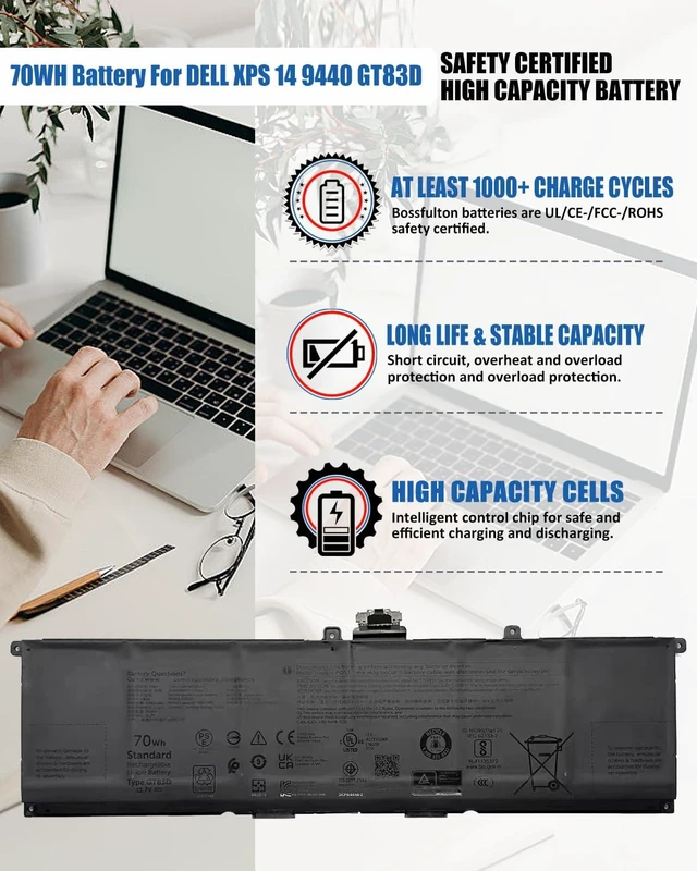 Alt view image 2 of 7 - 70Wh GT83D Battery for Dell XPS 14 9440 Laptop - Compatible with Part Numbers 7T7DY & N80X2