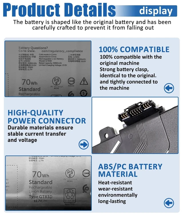 Alt view image 5 of 7 - 70Wh GT83D Battery for Dell XPS 14 9440 Laptop - Compatible with Part Numbers 7T7DY & N80X2