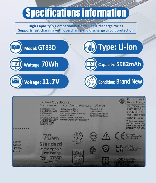 Alt view image 6 of 7 - 70Wh GT83D Battery for Dell XPS 14 9440 Laptop - Compatible with Part Numbers 7T7DY & N80X2