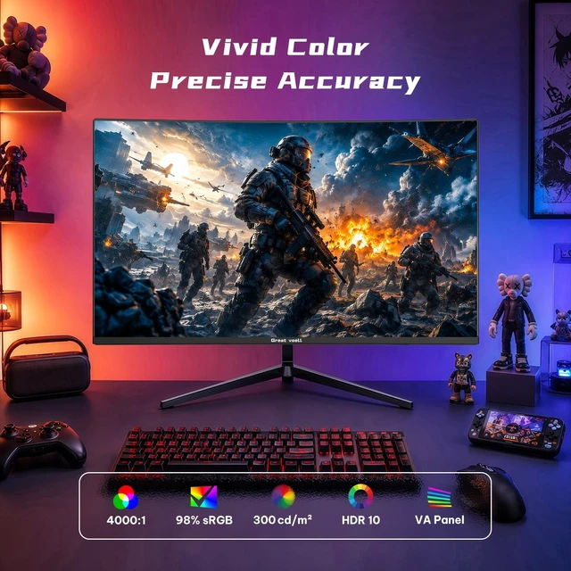 Alt view image 4 of 6 - 24 Inch 200Hz Gaming Monitor, FHD 1080P Curved Computer Monitor, 1ms MPRT High refresh rate PC gaming screen, FreeSync HDR VA display, 4000:1 contrast, 98% sRGB, HDMI, DisplayPort and VESA mounting