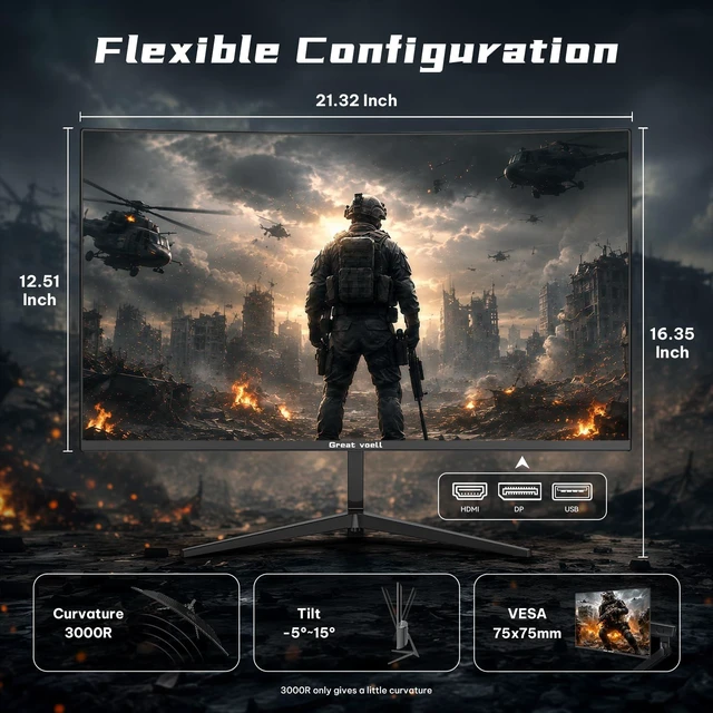 Alt view image 6 of 6 - 24 Inch 200Hz Gaming Monitor, FHD 1080P Curved Computer Monitor, 1ms MPRT High refresh rate PC gaming screen, FreeSync HDR VA display, 4000:1 contrast, 98% sRGB, HDMI, DisplayPort and VESA mounting