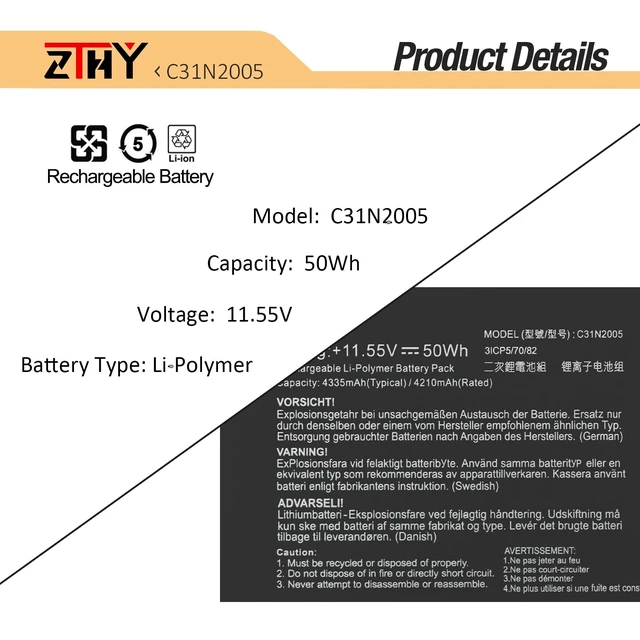 Alt view image 2 of 7 - 50Wh C31N2005 Laptop Battery Replacement for ASUS Chromebook CX3 CX3400FMA Chromebook CX9 CX9400CEA ExpertBook BR1104CGA-N00007XA B3 Flip B3402 B3402FBA B3402FEA Series 0B200-03810000 11.55V 4335mAh