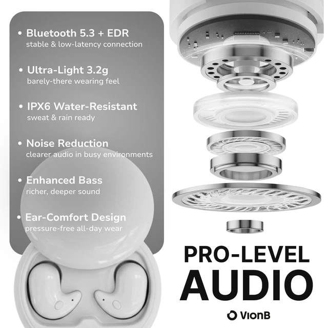 Alt view image 6 of 7 - Drift Earbuds VionB Wireless Bluetooth Noise Cancelling Earbuds for Small Ears Ultra Comfortable Wireless Ear Buds with Mic, Noise Isolation, No Ear Pressure IP6 Waterproof Ear Buds
