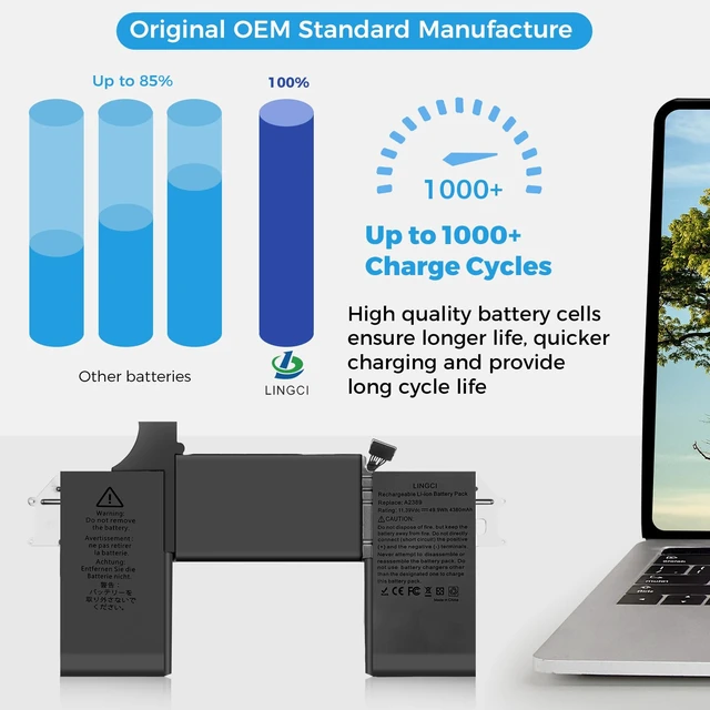 Alt view image 2 of 7 - A2337 Battery,A2389 Battery Replacement for MacBook Air 13 Inch A2337 M1 2020 EMC 3598 (Upgraded High Performance 11.39V 49.9Wh 4380mAh)
