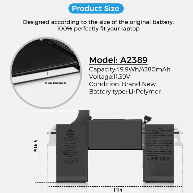 Alt view image 5 of 7 - A2337 Battery,A2389 Battery Replacement for MacBook Air 13 Inch A2337 M1 2020 EMC 3598 (Upgraded High Performance 11.39V 49.9Wh 4380mAh)