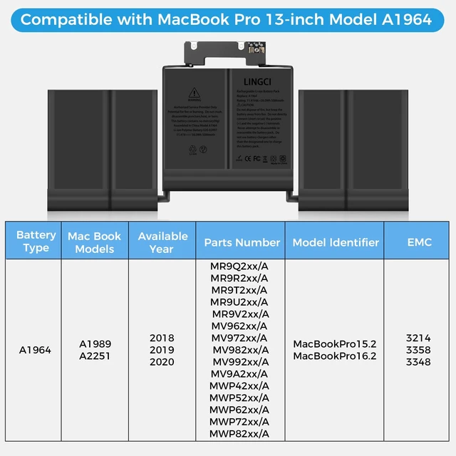 Alt view image 3 of 7 - A1989 Battery,A1964 A2251 Battery Replacement for MacBook Pro 13 Inch A1989 (Mid 2018, 2019) A2251 (2020) (Upgraded High Performance 11.41V 58Wh 5086mAh)