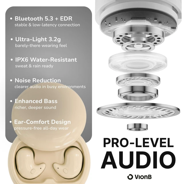 Alt view image 6 of 7 - Drift Earbuds VionB Wireless Bluetooth Noise Cancelling Earbuds for Small Ears - Ultra Comfortable Wireless Ear Buds with Mic, Noise Isolation, No Ear Pressure - IP6 Waterproof Ear Buds