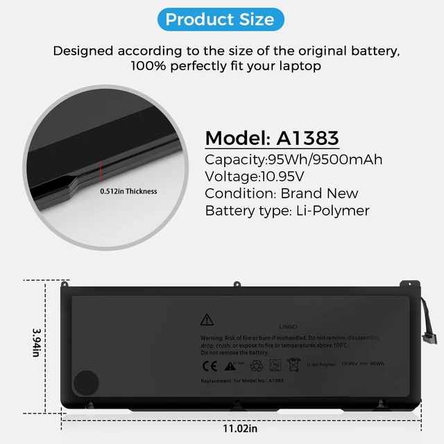 Alt view image 5 of 7 - A1383 Battery,A1297 Replacement for MacBook Pro 17 inch A1297(Early 2011-Late 2011) Series EMC 2352-1 EMC 2564(Upgraded High Performance 10.95V 95Wh 9500mAh)