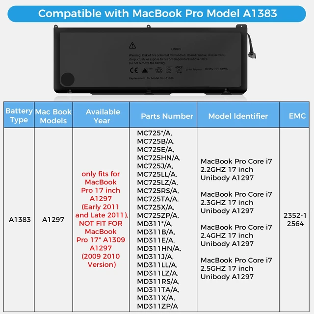 Alt view image 3 of 7 - A1383 Battery,A1297 Replacement for MacBook Pro 17 inch A1297(Early 2011-Late 2011) Series EMC 2352-1 EMC 2564(Upgraded High Performance 10.95V 95Wh 9500mAh)