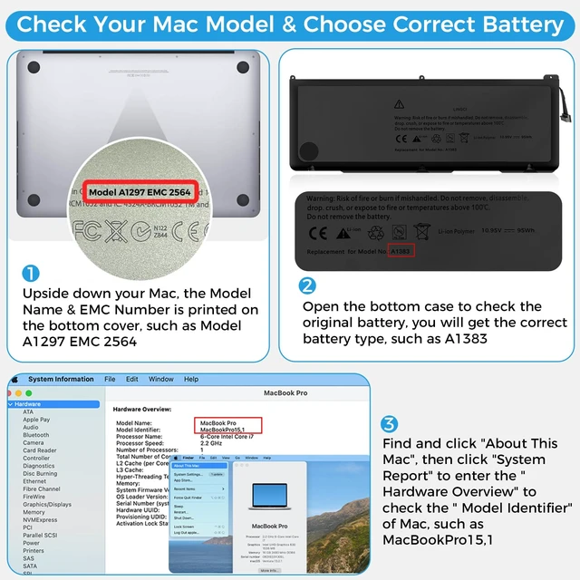 Alt view image 6 of 7 - A1383 Battery,A1297 Replacement for MacBook Pro 17 inch A1297(Early 2011-Late 2011) Series EMC 2352-1 EMC 2564(Upgraded High Performance 10.95V 95Wh 9500mAh)