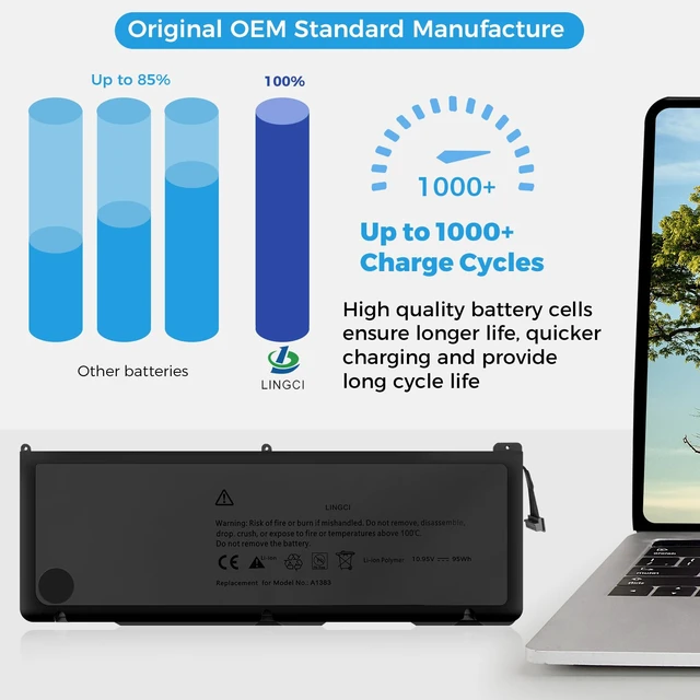 Alt view image 2 of 7 - A1383 Battery,A1297 Replacement for MacBook Pro 17 inch A1297(Early 2011-Late 2011) Series EMC 2352-1 EMC 2564(Upgraded High Performance 10.95V 95Wh 9500mAh)