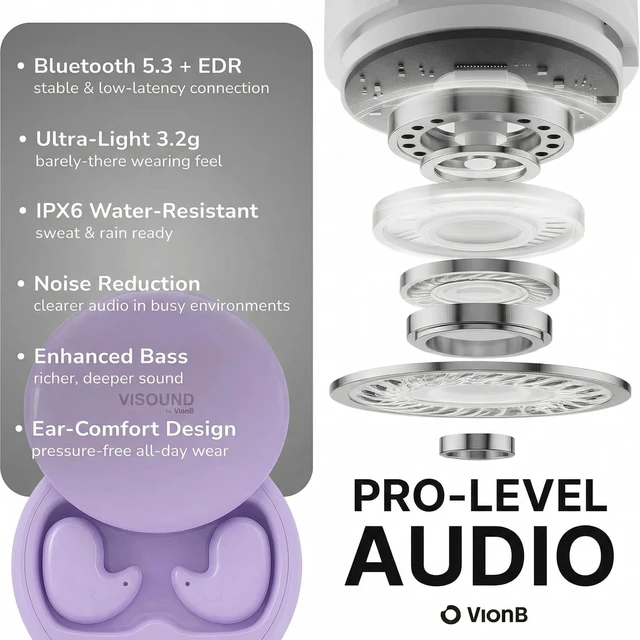 Alt view image 6 of 7 - Drift Earbuds VionB Wireless Bluetooth Noise Cancelling Earbuds for Small Ears - Ultra Comfortable Wireless Ear Buds with Mic, Noise Isolation, No Ear Pressure - IP6 Waterproof Ear Buds