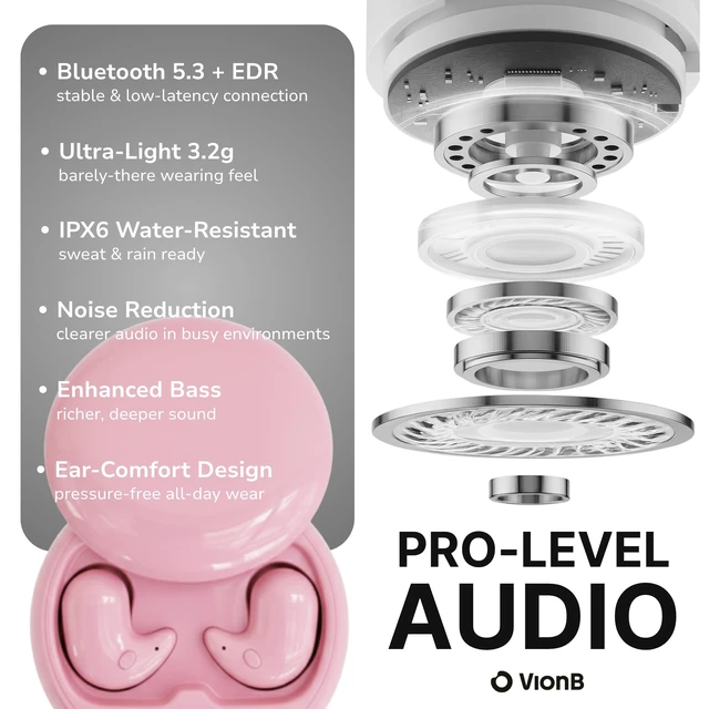 Alt view image 6 of 7 - Drift Earbuds VionB Wireless Bluetooth Noise Cancelling Earbuds for Small Ears Ultra Comfortable Wireless Ear Buds with Mic, Noise Isolation, No Ear Pressure IP6 Waterproof Ear Buds