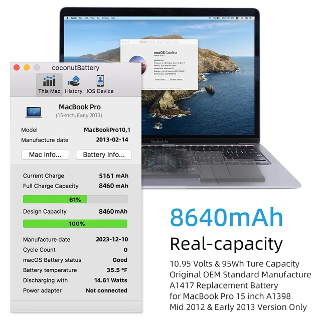 Alt view image 2 of 6 - A1398 A1417 Replacement Battery for MacBook Pro 15 inch Model A1398 EMC 2673 2512 Release Version Early 2013 Mid 2012 Only (Model Identifier: MacBookPro10,1)
