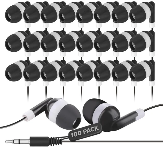 Main image of Bulk Earbuds 100 Pack Wired in-Ear Earphones for Classroom, Students, Kids, and Libraries Disposable Headphones with 3.5mm Jack, Perfect for Schools, Laptops, and Chromebooks, Black