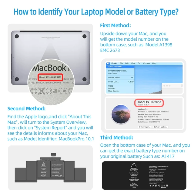 Alt view image 5 of 6 - A1398 A1417 Replacement Battery for MacBook Pro 15 inch Model A1398 EMC 2673 2512 Release Version Early 2013 Mid 2012 Only (Model Identifier: MacBookPro10,1)