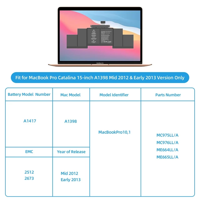 Alt view image 3 of 6 - A1398 A1417 Replacement Battery for MacBook Pro 15 inch Model A1398 EMC 2673 2512 Release Version Early 2013 Mid 2012 Only (Model Identifier: MacBookPro10,1)