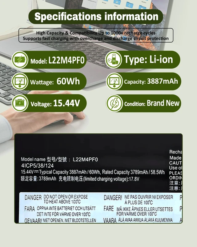 Alt view image 4 of 6 - 60Wh L22M4PF0 L22C4PF1 Battery for Lenovo Yoga Slim 6-14APU8 6-14IAP8 6-14IRH8 6-14IRP8 & 7-14IMH9 7-14IRP8 Series 5B11J63614 5B11N45328 L22C4PF0 L22M4PF1