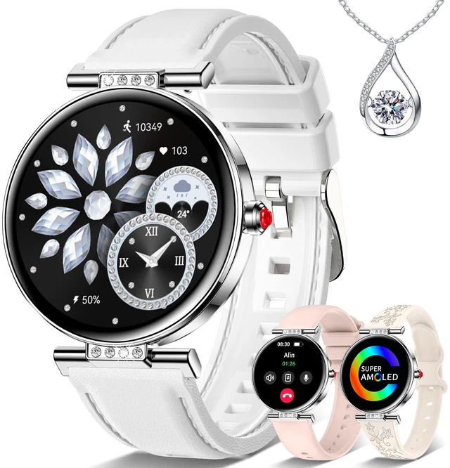 Main image of Smart Watch for Women AMOLED 1.19 Small Screen Leather Textured - 3 Band Bluetooth Call for iPhone&Android Phones with /Heart Rate/SpO2/Sleep Monitor, 120+ Sports Modes Waterproof Fitness Tracker