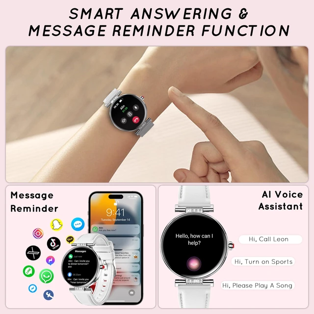 Alt view image 4 of 7 - Smart Watch for Women AMOLED 1.19 Small Screen Leather Textured - 3 Band Bluetooth Call for iPhone&Android Phones with /Heart Rate/SpO2/Sleep Monitor, 120+ Sports Modes Waterproof Fitness Tracker