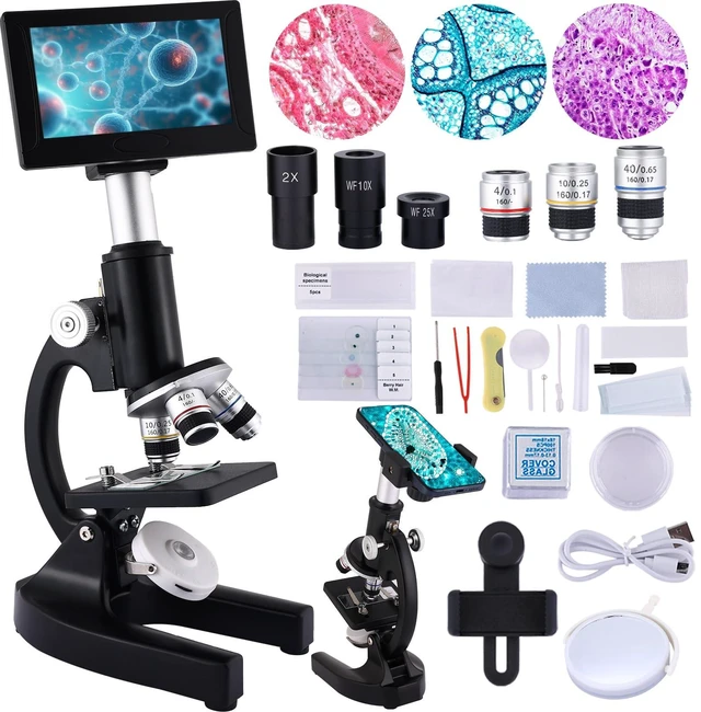 Main image of Microscope 40X-2500X Magnification with 4.3-inch Display, Wide-Angle 10X and 25X eyepieces, and Built-in 5-megapixel Camera for School Labs, Animal Husbandry (Black)