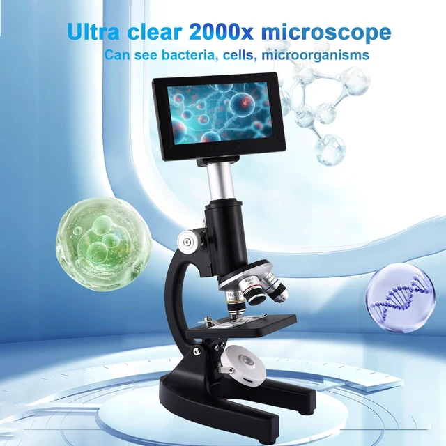 Alt view image 4 of 7 - Microscope 40X-2500X Magnification with 4.3-inch Display, Wide-Angle 10X and 25X eyepieces, and Built-in 5-megapixel Camera for School Labs, Animal Husbandry (Black)