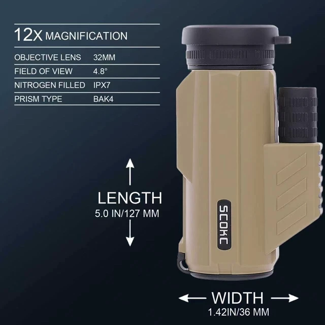 Alt view image 3 of 7 - 12x32 Monocular Telescope,Compact Waterproof Fogproof for Bird Watching Bak4 Prism,IPX7 Waterproof, Monocular Compact for adults,High Power for Bird Watching, Travel, Hunting,Hiking