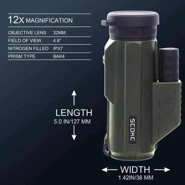 Alt view image 2 of 7 - 12x32 Monocular Telescope,Compact Waterproof Fogproof for Bird Watching Monocular Compact for adults,High Power for Bird Watching, Travel, Hunting,Hiking,Bak4 Prism,IPX7 Waterproof