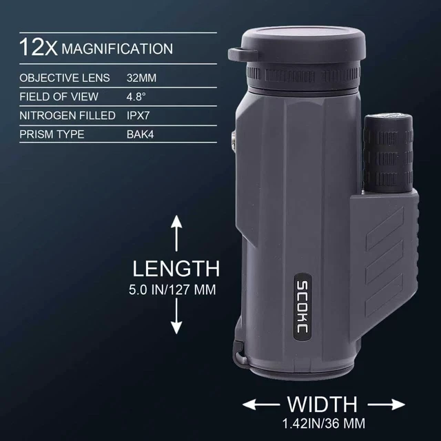 Alt view image 2 of 7 - 12x32 Monocular Telescope,Compact Waterproof Fogproof for Bird Watching Monocular Compact for adults,High Power for Bird Watching, Travel, Hunting,Hiking,Bak4 Prism,IPX7 Waterproof