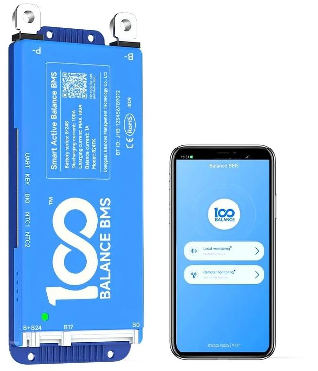 Main image of DALY Smart BMS 12V-24V 100A Built-in 1A Active Balancer Bluetooth App Monitoring. 4S-8S LiFePO4 Li-ion LTO Support. Designed for Energy Storage, RVs, Trolling Motors
