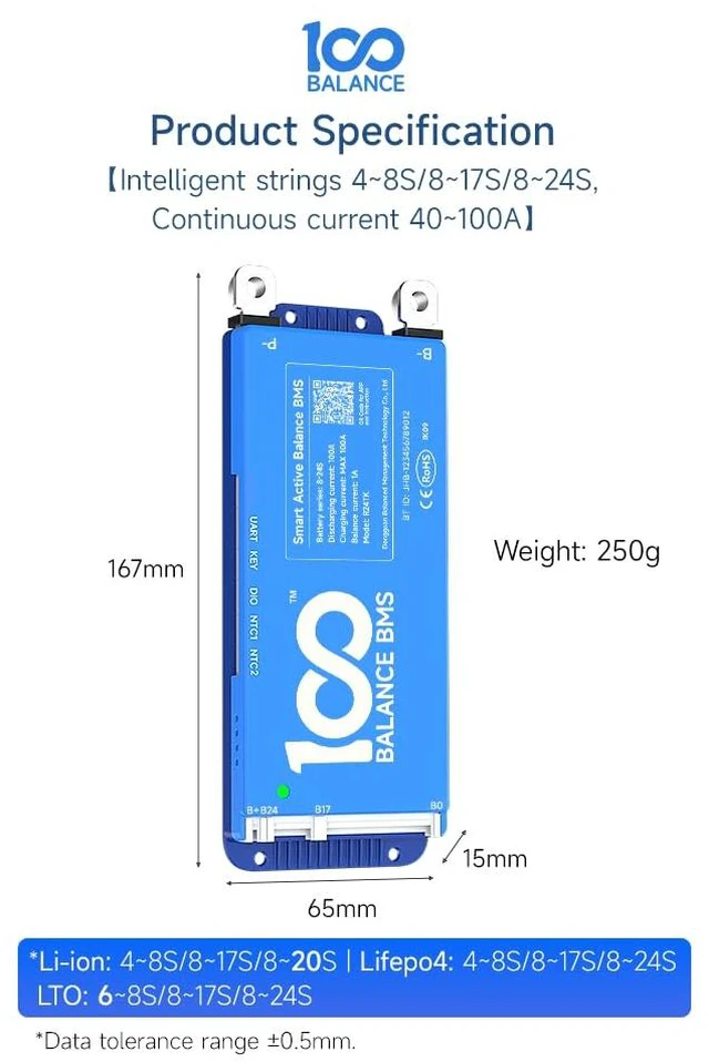 Alt view image 4 of 7 - DALY Smart BMS 12V-24V 80A Built-in 1A Active Balancer Bluetooth App Monitoring. 4S-8S LiFePO4 Li-ion LTO Support. Designed for Energy Storage, RVs, Trolling Motors