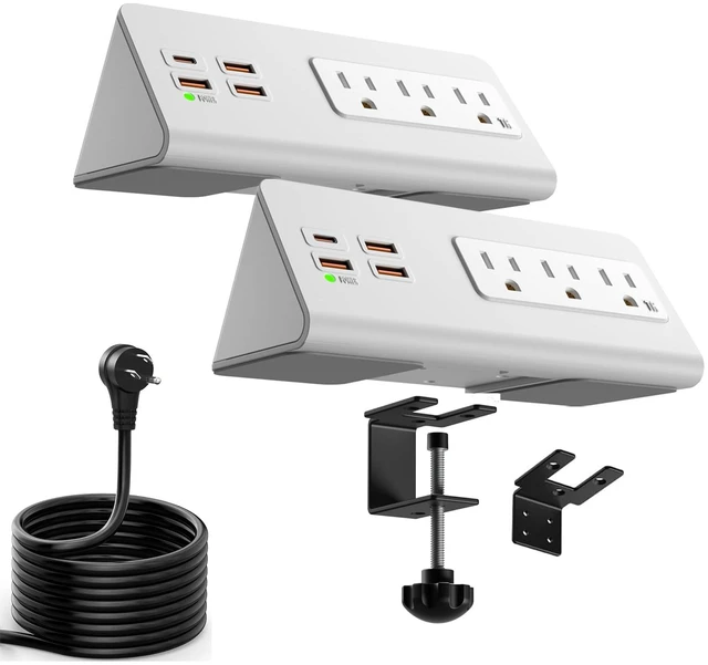 Main image of Upgraded Version Edge Mount Power Strip with USB-C Ports Tabletop Surge Protector Desk Clamp Power Sockets with 3 AC Outlets &4 Fast Charging USB Ports for Home Office Hotel Dormitory (White- 2pack)