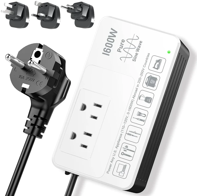 Main image of 1600W 220V to 110V Converter, Power Any U.S. Appliance in 220-250V Voltage Converter US to Europe International Travel, Pure Sine Wave, Plug & Play, No Limitations, Surge Protected