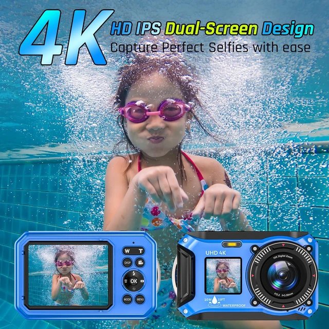 Alt view image 5 of 7 - 4K Underwater Camera 64MP 33FT Waterproof Camera with 32GB Card Dual-Screen, 16X Zoom, Autofocus, Floatable, 1500mAh Battery, Fill Light, Ideal for Snorkeling, Swimming, Travel