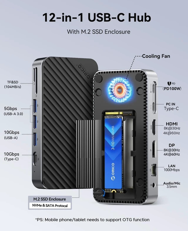 Alt view image 2 of 7 - 12-in-1 USB C Hub with m.2 ssd Enclosure, USB C Docking Station Dual Monitor HDMI DP 8K@30Hz/4K@60Hz, 10Gbps USB, Gigabit Ethernet, 100W PD, SD TF Reader for Mac & Windows Laptops M2P11