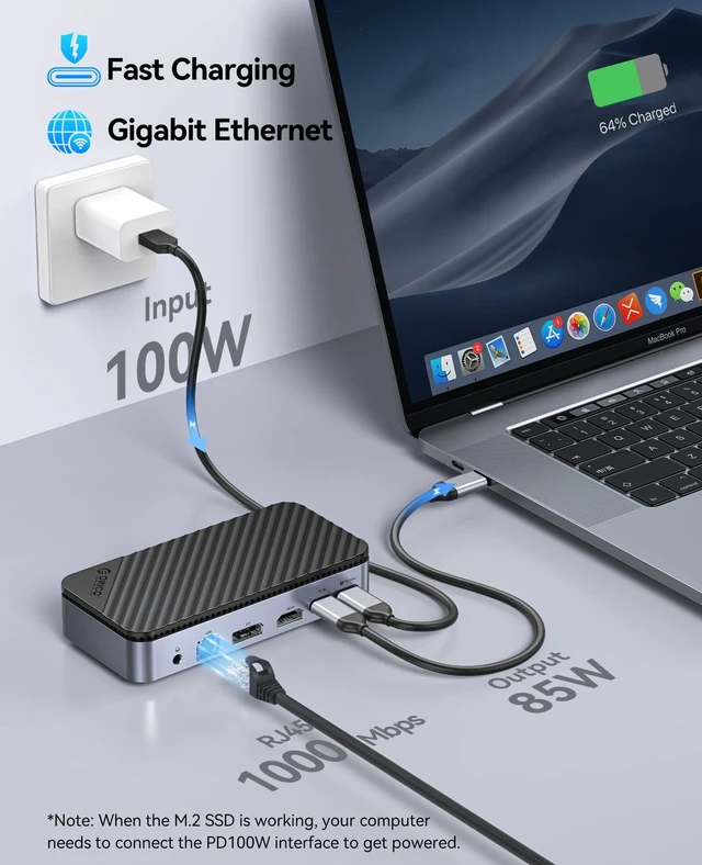 Alt view image 6 of 7 - 12-in-1 USB C Hub with m.2 ssd Enclosure, USB C Docking Station Dual Monitor HDMI DP 8K@30Hz/4K@60Hz, 10Gbps USB, Gigabit Ethernet, 100W PD, SD TF Reader for Mac & Windows Laptops M2P11