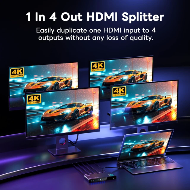 Alt view image 2 of 7 - 1x4 HDMI Splitter 4K 60Hz HDR with Remote HDR10, Dolby Vision, EDID modes (Auto/Copy/Downscale), HDCP 2.2, 18Gbps. For PS5, Xbox, Apple TV