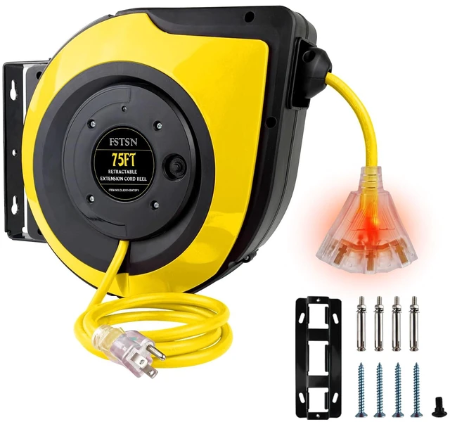 Main image of Retractable Extension Cord Reel, 75 FT, Heavy Duty 14AWG/3C SJTOW Power Cord, with Lighted Triple Tap Outlet 10 Amp Circuit Breaker, for Ceiling or Wall Mount Garage and Shop, Yellow
