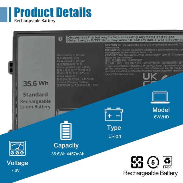 Alt view image 2 of 5 - 6WVHD Laptop Battery for Dell Latitude 7230 Rugged Extreme Tablet T06H001 Compatible with Dell T06H Series, Replaces FNW8F 451-BDDY 0VDDJY VDDJY 0JM6CX JM6CX, 7.6V 35.6Wh 4457mAh replacement Battery