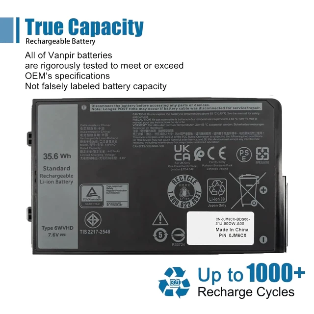 Alt view image 5 of 5 - 6WVHD Laptop Battery for Dell Latitude 7230 Rugged Extreme Tablet T06H001 Compatible with Dell T06H Series, Replaces FNW8F 451-BDDY 0VDDJY VDDJY 0JM6CX JM6CX, 7.6V 35.6Wh 4457mAh replacement Battery