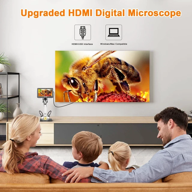 Alt view image 2 of 6 - 7'' HDMI Digital Microscope 1200X Coin Microscope View Entire Coin 16MP, 8.5'' Long Stand Compatible with PC/TV, 32GB Card