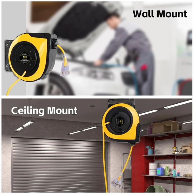 Alt view image 7 of 7 - Retractable Extension Cord Reel, 75 FT, Heavy Duty 14AWG/3C SJTOW Power Cord, with Lighted Triple Tap Outlet 10 Amp Circuit Breaker, for Ceiling or Wall Mount Garage and Shop, Yellow