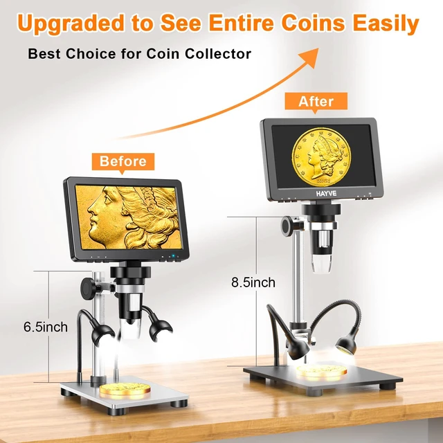 Alt view image 3 of 6 - 7'' HDMI Digital Microscope 1200X Coin Microscope View Entire Coin 16MP, 8.5'' Long Stand Compatible with PC/TV, 32GB Card