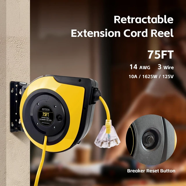 Alt view image 3 of 7 - Retractable Extension Cord Reel, 75 FT, Heavy Duty 14AWG/3C SJTOW Power Cord, with Lighted Triple Tap Outlet 10 Amp Circuit Breaker, for Ceiling or Wall Mount Garage and Shop, Yellow