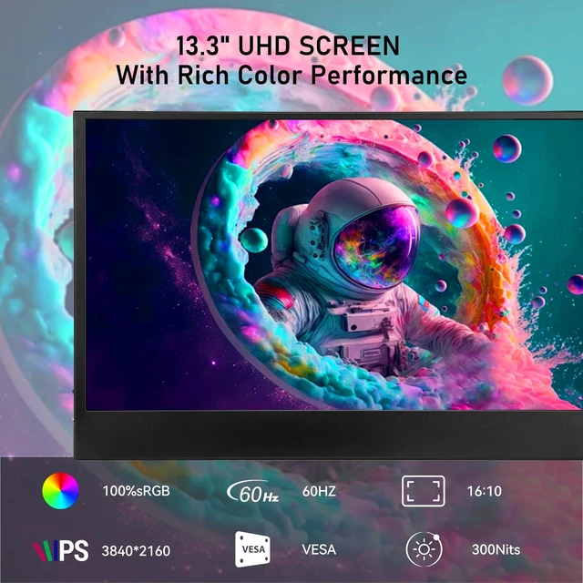 Alt view image 3 of 7 - 13.3 Inch Portable Monitor 3840x2160 IPS Display 100% sRGB Ultra Slim Design, for Laptop, PC, Mac, for Switch & PS5, Phone Compatible, Screen Extender