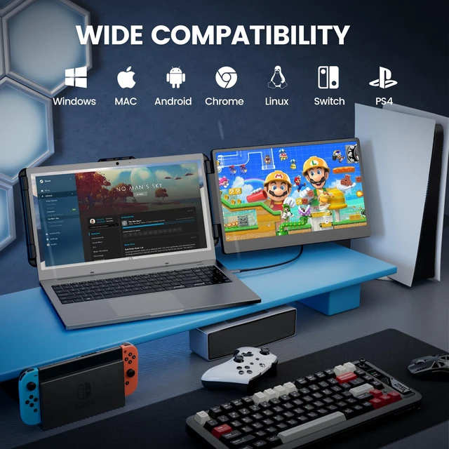 Alt view image 4 of 7 - 14" Laptop Screen Extender, FHD 1080P IPS Portable Monitor for Laptop, Dual Screen Monitor Extender Compatible with 13"-17" Laptops, HDMI/USB-A/USB-C Plug-Play for Windows, Mac, Android