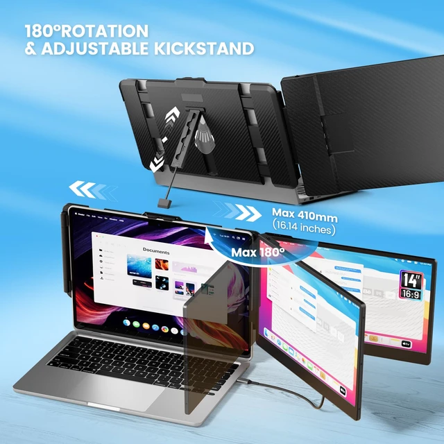 Alt view image 5 of 7 - 14" Laptop Screen Extender, FHD 1080P IPS Portable Monitor for Laptop, Dual Screen Monitor Extender Compatible with 13"-17" Laptops, HDMI/USB-A/USB-C Plug-Play for Windows, Mac, Android