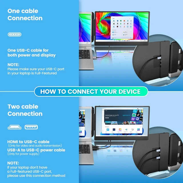 Alt view image 6 of 7 - 14" Laptop Screen Extender, FHD 1080P IPS Portable Monitor for Laptop, Dual Screen Monitor Extender Compatible with 13"-17" Laptops, HDMI/USB-A/USB-C Plug-Play for Windows, Mac, Android
